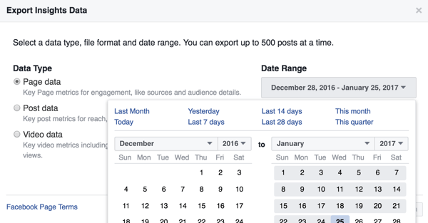 jh facebook insights export data select dates