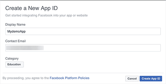 Créer app ID Facebook Developers.