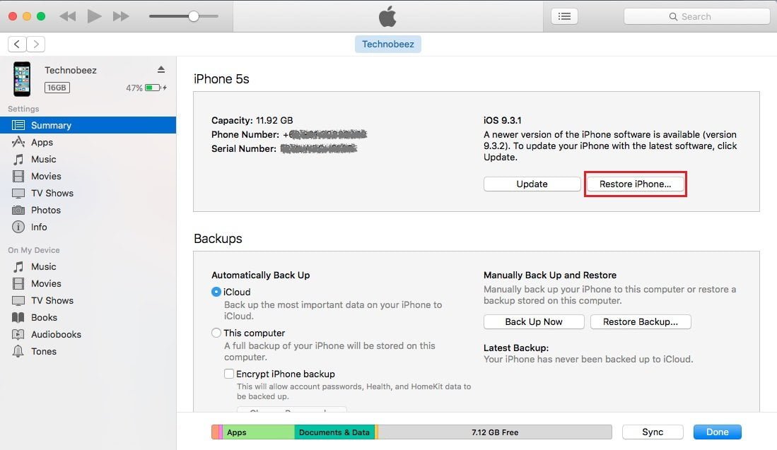 Restaurer iPhone à l'aide d'iTunes