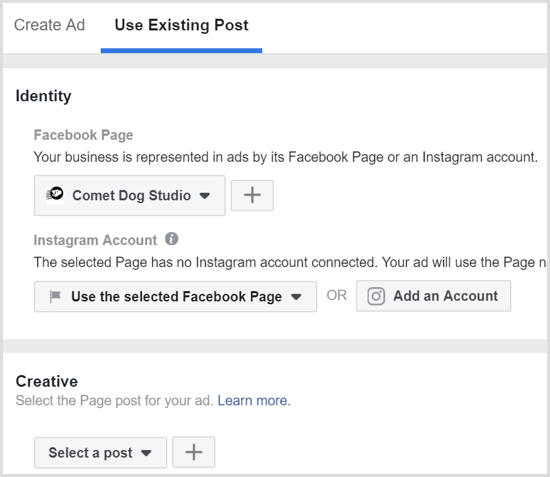 facebook ad use existing post