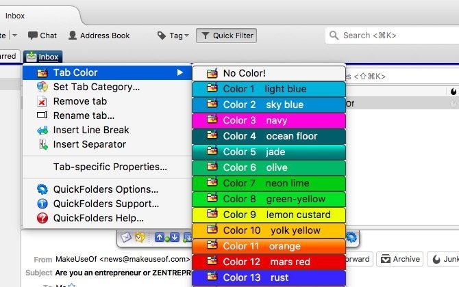quick folders tab options