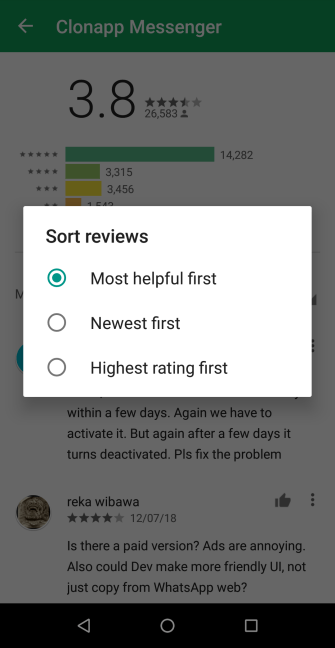 sort the reviews in the play store