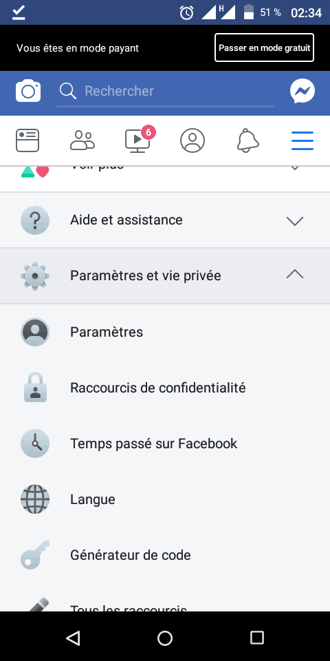 option "Paramètres et vie privée" du compte Facebook