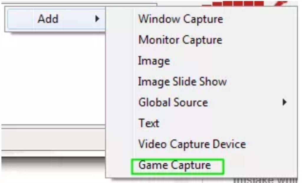 cliquez avec le bouton droit sur la case Sources et sélectionnez Ajouter, puis Capture de jeu.