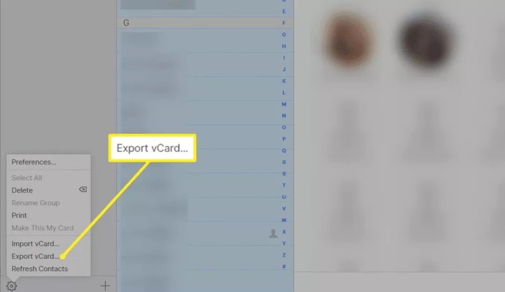 choisissez Exporter vCard dans iCloud