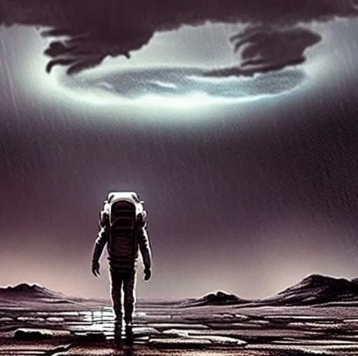 Peinture générée par l'IA : Un homme marchant sur la Lune pendant un orage