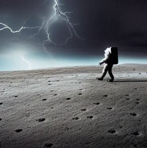 Un homme avec une combinaison spatiale marchant sur la lune pendant un orage