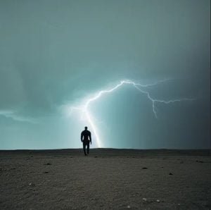 Un homme marchant sur la lune pendant un orage