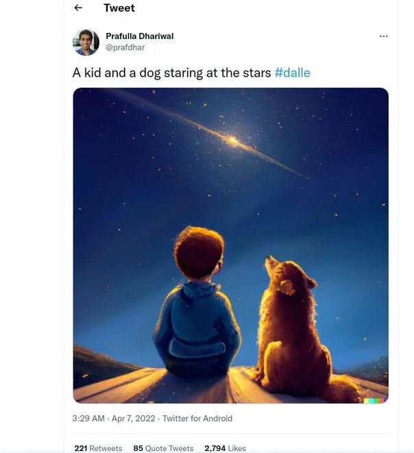 Une image générée par DALL-E 2 contenant un garçon et un chien en train de regarder une galaxie sur une montagne