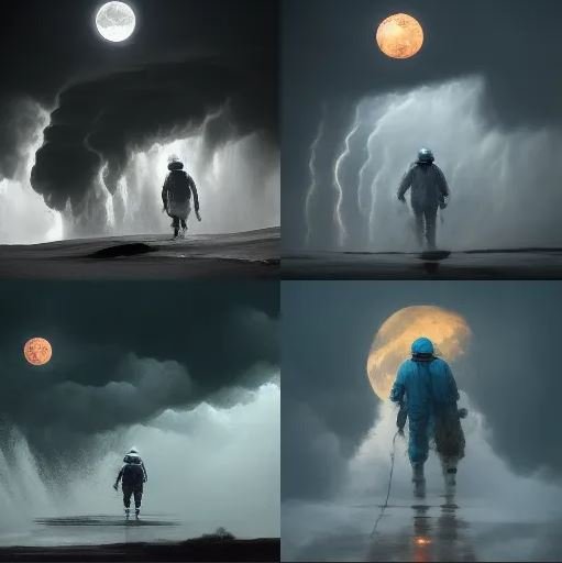 Quatre images similaires d'un site apocalyptique où l’on voit une énorme personne marchant sur la Lune pendant un orage à travers les nuages.