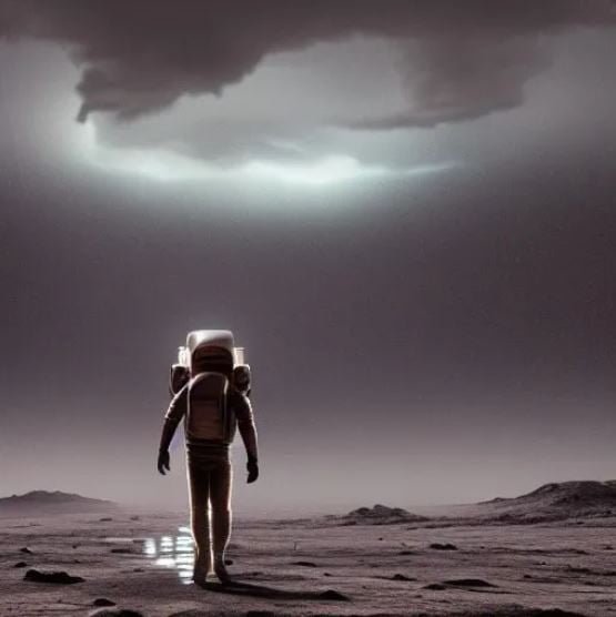 Peinture générée par l'IA : Un homme marchant sur la lune vêtu d'une combinaison spatiale.